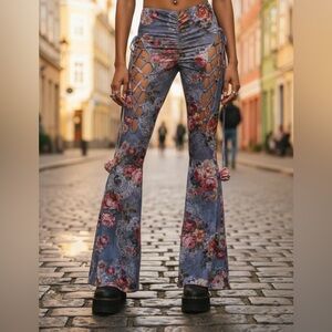 Current Mood Balcony Serenade Flare Pants - Floral Lace-Up - NWT
